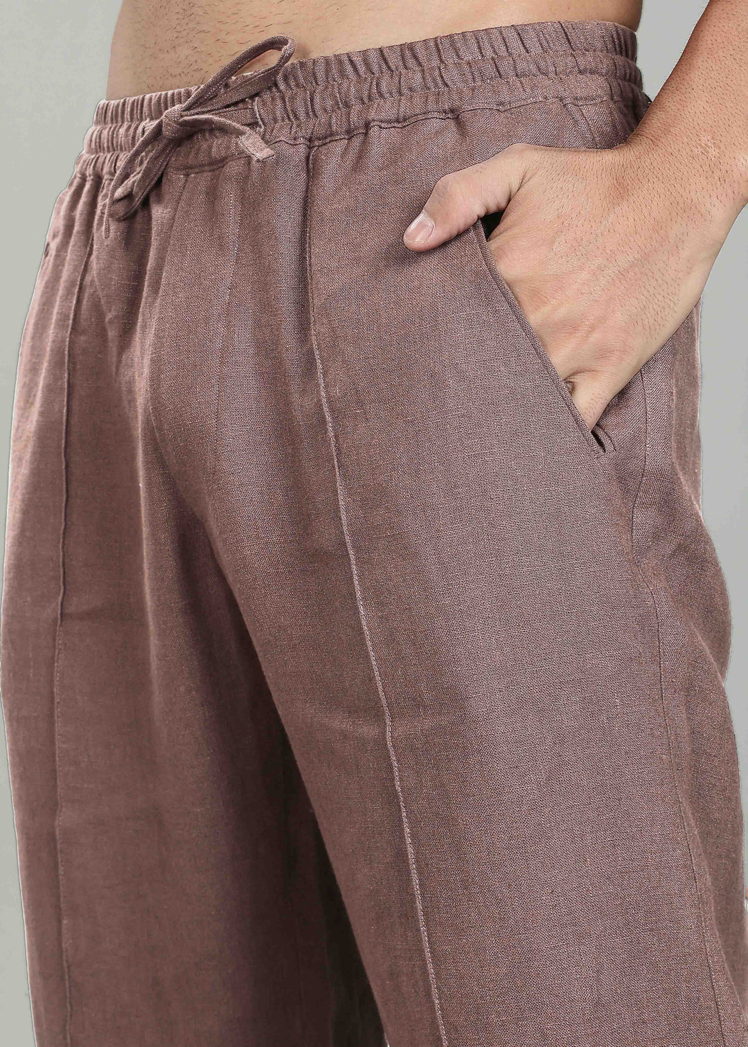 Art Pants - Pure Linen Elastic Casual Pants with Drawstrings - Muted Brown