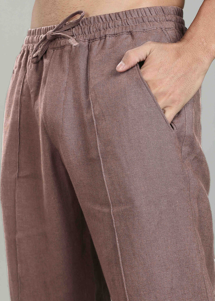 Art Pants - Pure Linen Elastic Casual Pants with Drawstrings - Muted Brown