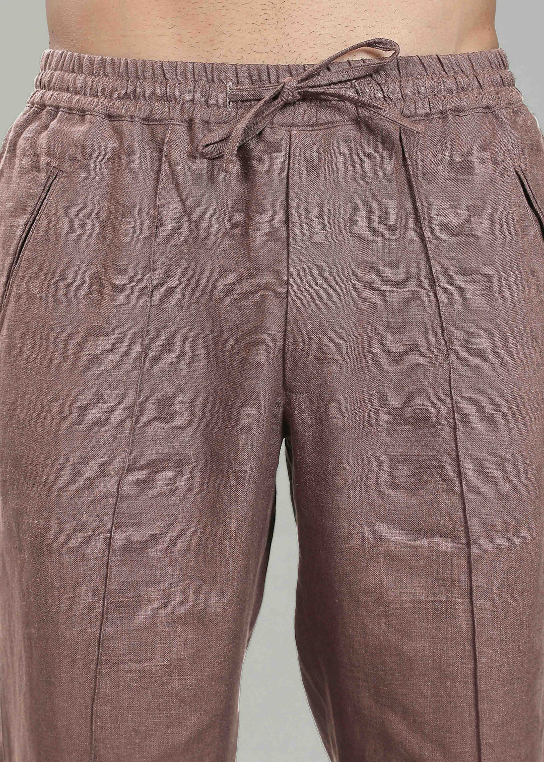 Art Pants - Pure Linen Elastic Casual Pants with Drawstrings - Muted Brown