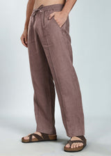 Art Pants - Pure Linen Elastic Casual Pants with Drawstrings - Muted Brown