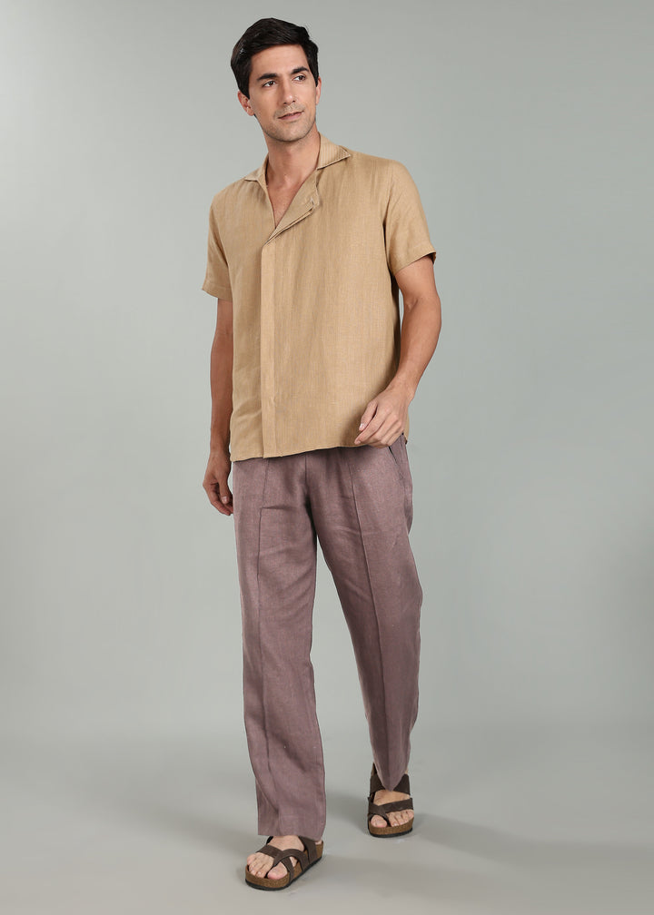 Art Pants - Pure Linen Elastic Casual Pants with Drawstrings - Muted Brown