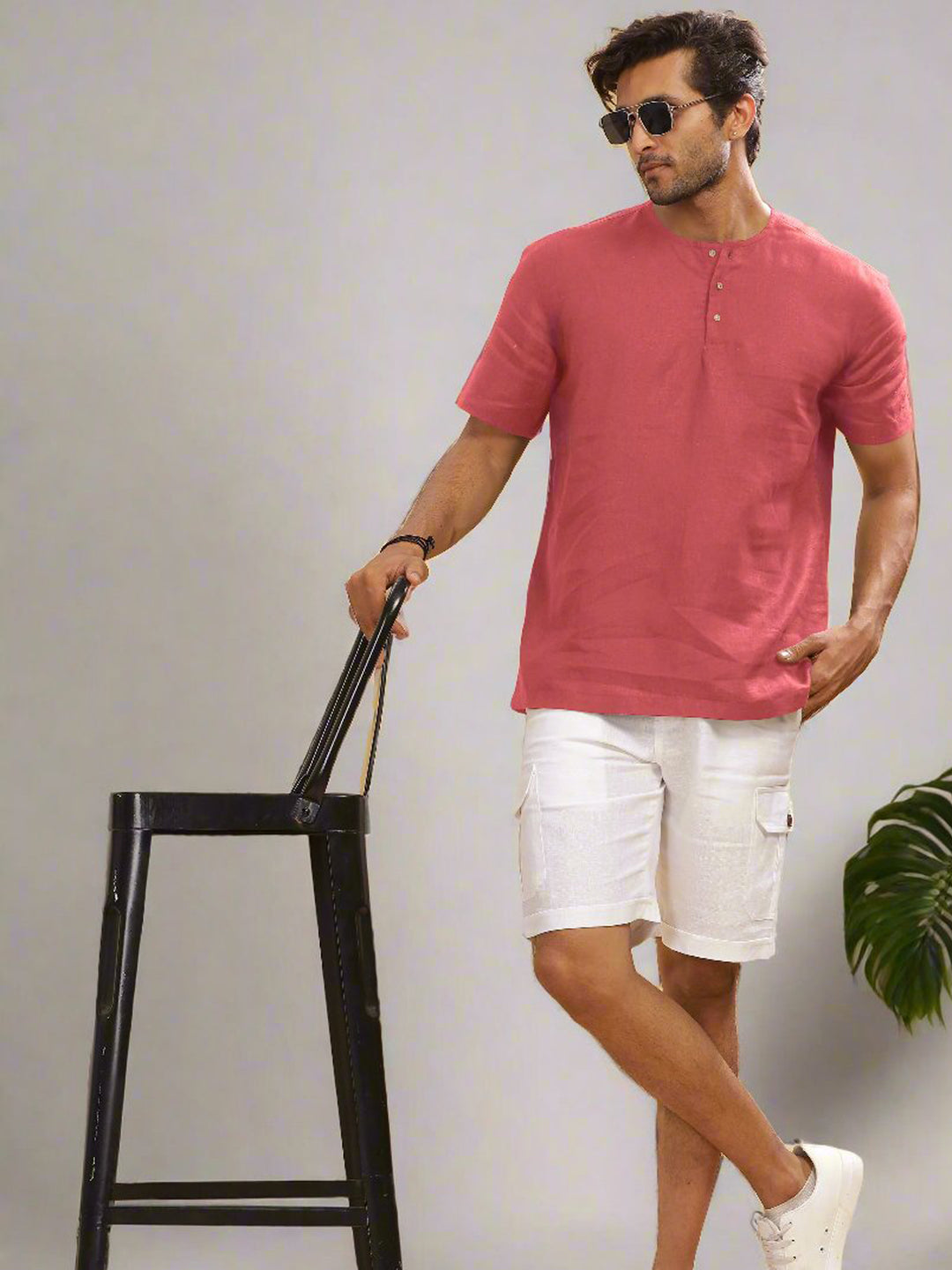 Asher - Pure Linen Short Sleeve T-Shirt - Coral Peach