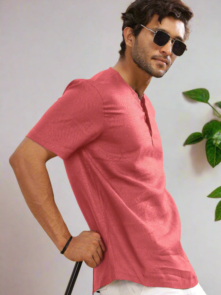 Asher - Pure Linen Short Sleeve T-Shirt - Coral Peach