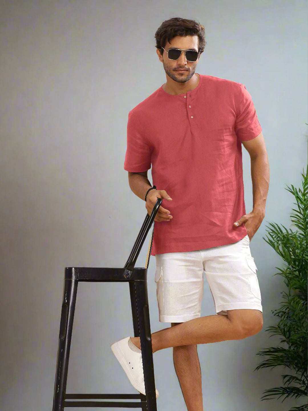 Asher - Pure Linen Short Sleeve T-Shirt - Coral Peach