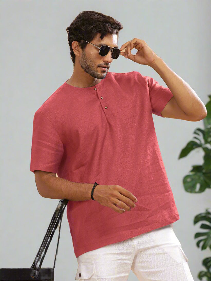 Asher - Pure Linen Short Sleeve T-Shirt - Coral Peach