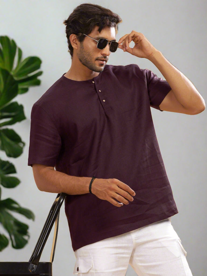 Asher - Pure Linen Short Sleeve T-Shirt - Dark Purple