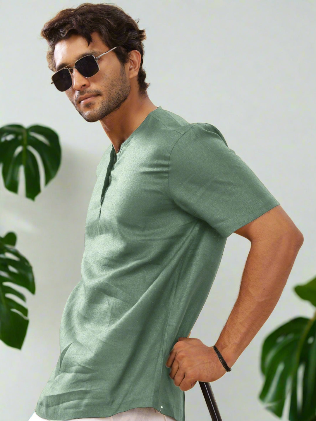 Asher - Pure Linen Short Sleeve T-Shirt - Smoke Green