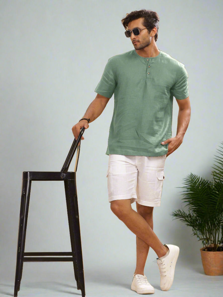 Asher - Pure Linen Short Sleeve T-Shirt - Spring Green