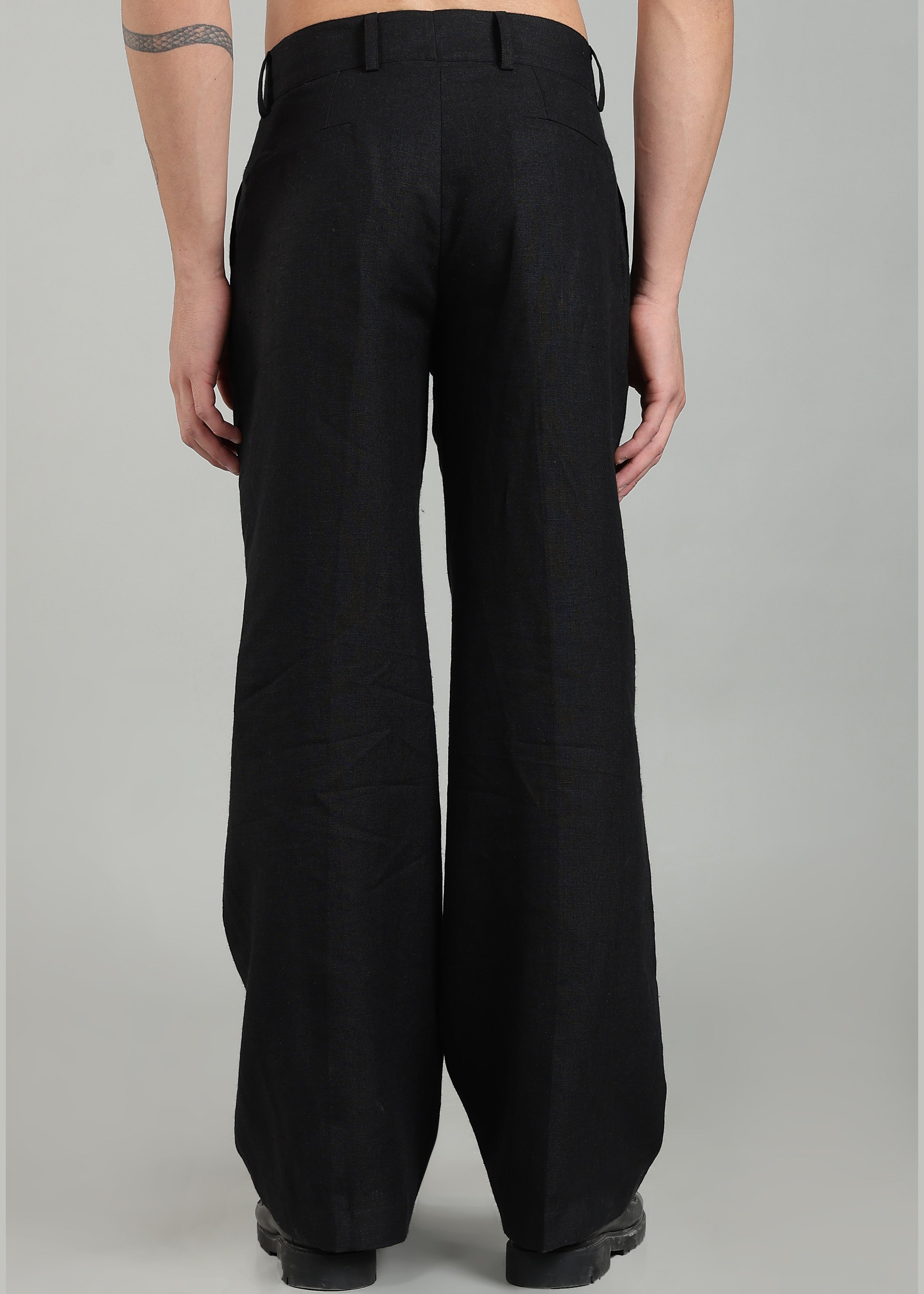 Black Pure Linen Double Pleated High Waisted Trousers for Men