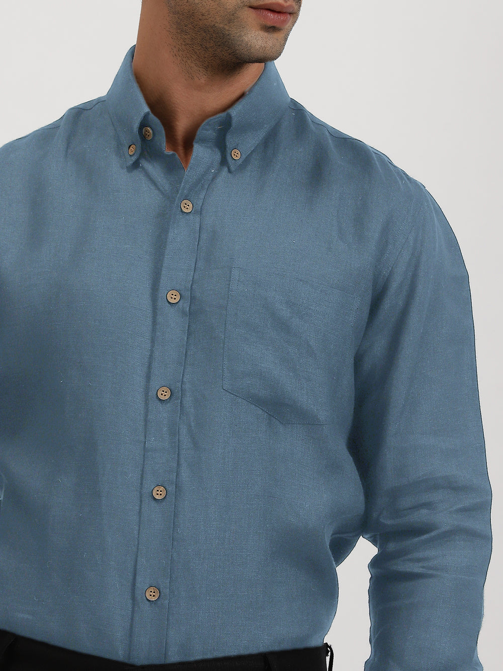 Austin - Pure Linen Button Down Full Sleeve Shirt - Blue Grey