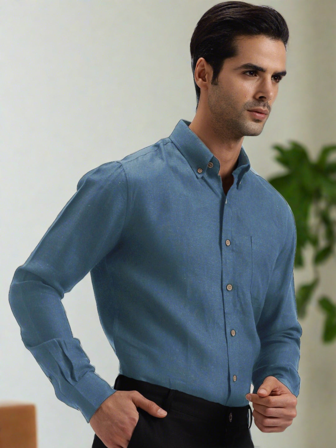 Austin - Pure Linen Button Down Full Sleeve Shirt - Blue Grey