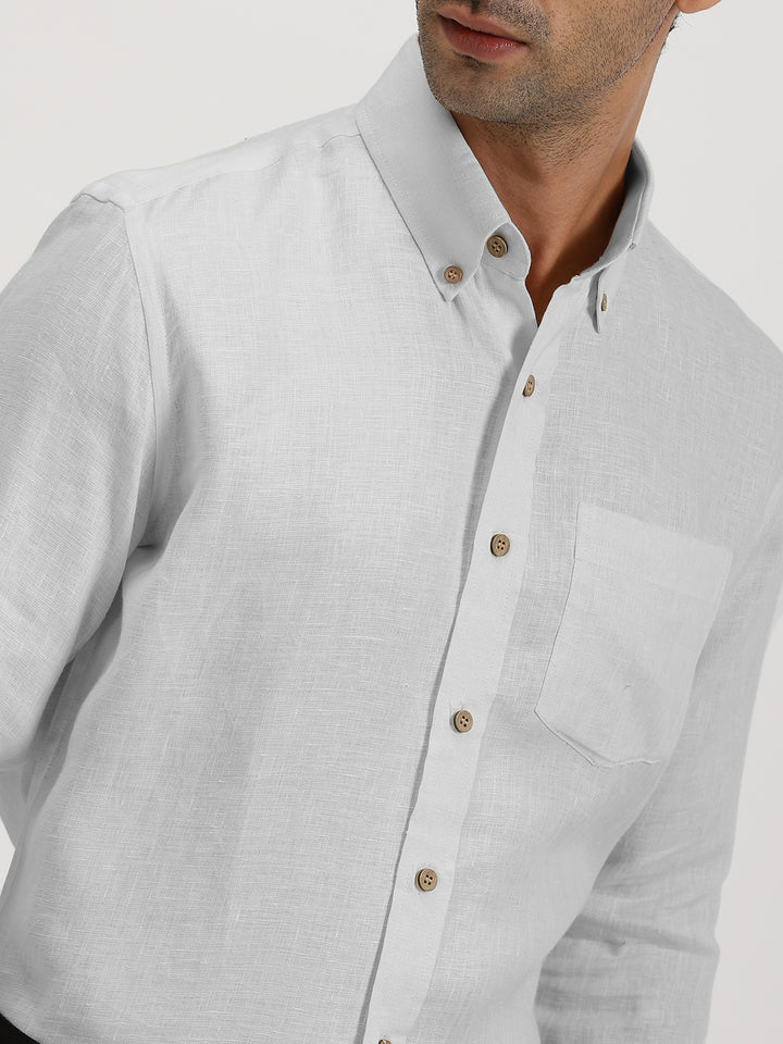 Austin - Pure Linen Button Down Full Sleeve Shirt - Light Grey