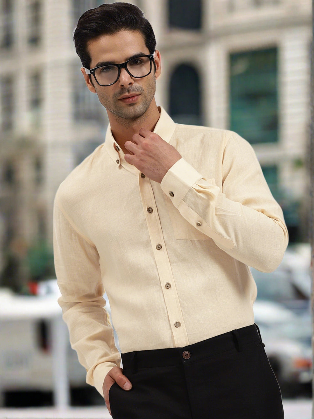 Austin - Pure Linen Button Down Full Sleeve Shirt - Light Tea Yellow