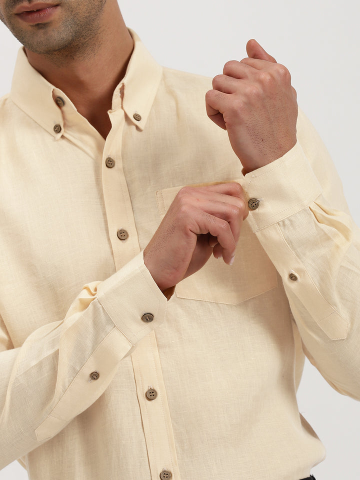 Austin - Pure Linen Button Down Full Sleeve Shirt - Light Tea Yellow