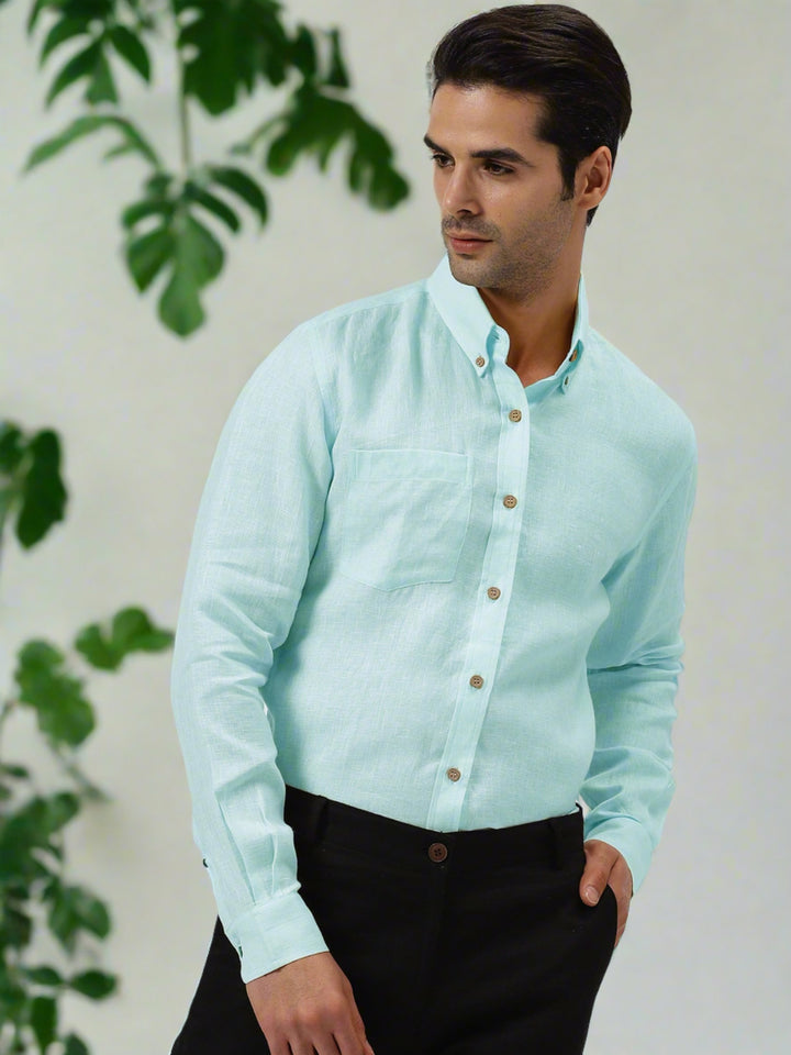 Austin - Pure Linen Button Down Full Sleeve Shirt - Cyan Blue