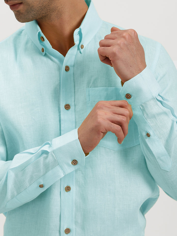 Austin - Pure Linen Button Down Full Sleeve Shirt - Cyan Blue