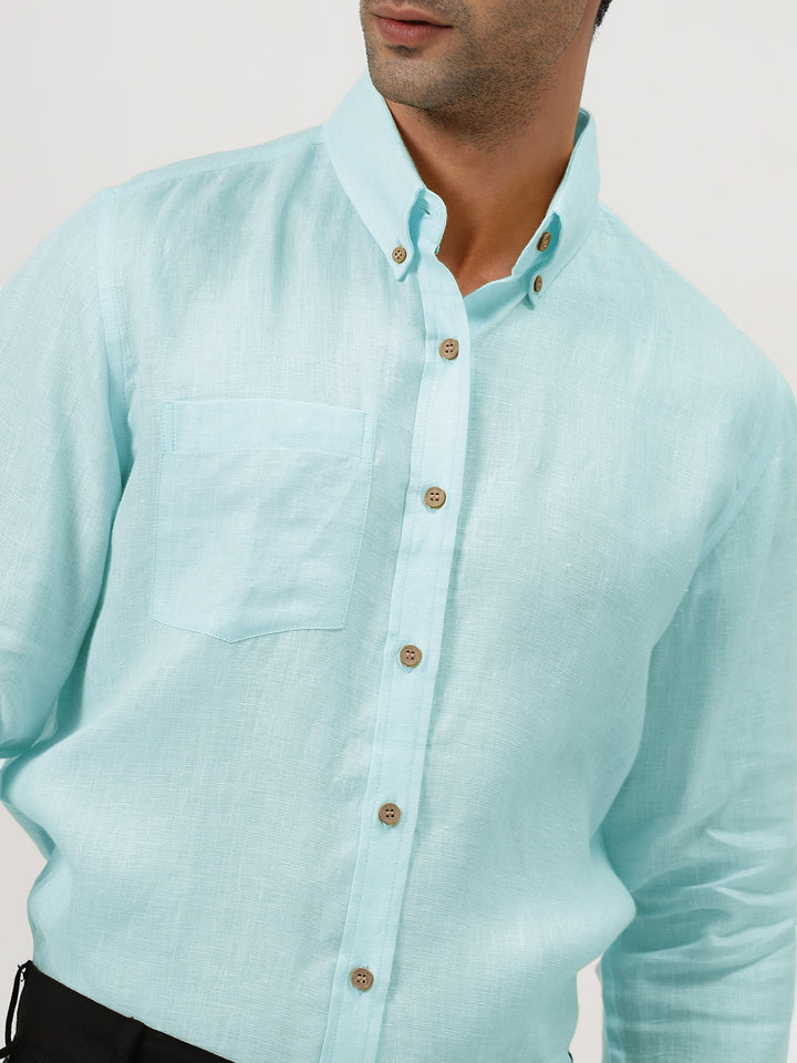 Austin - Pure Linen Button Down Full Sleeve Shirt - Cyan Blue