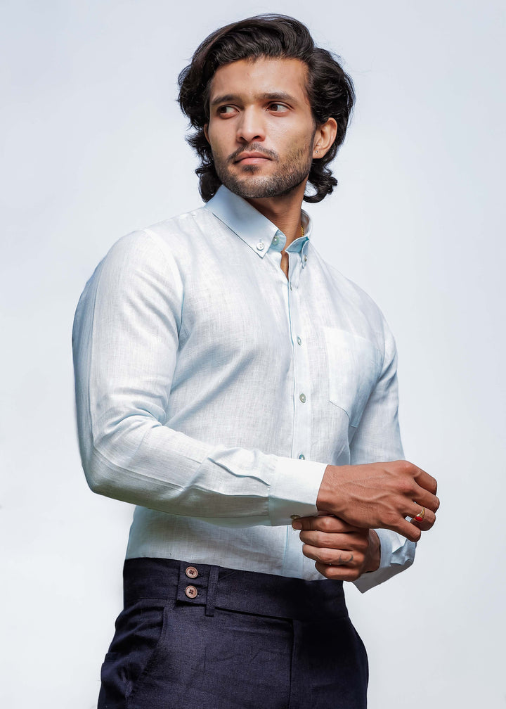 Austin - Pure Linen Button Down Full Sleeve Shirt - Light Blue