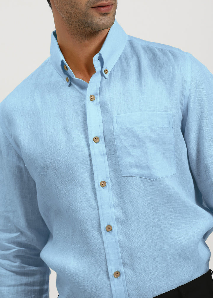 Austin 100% Pure Linen Full Sleeve Shirt in Sky Blue with Button Down Collar crafted in 60 LEA