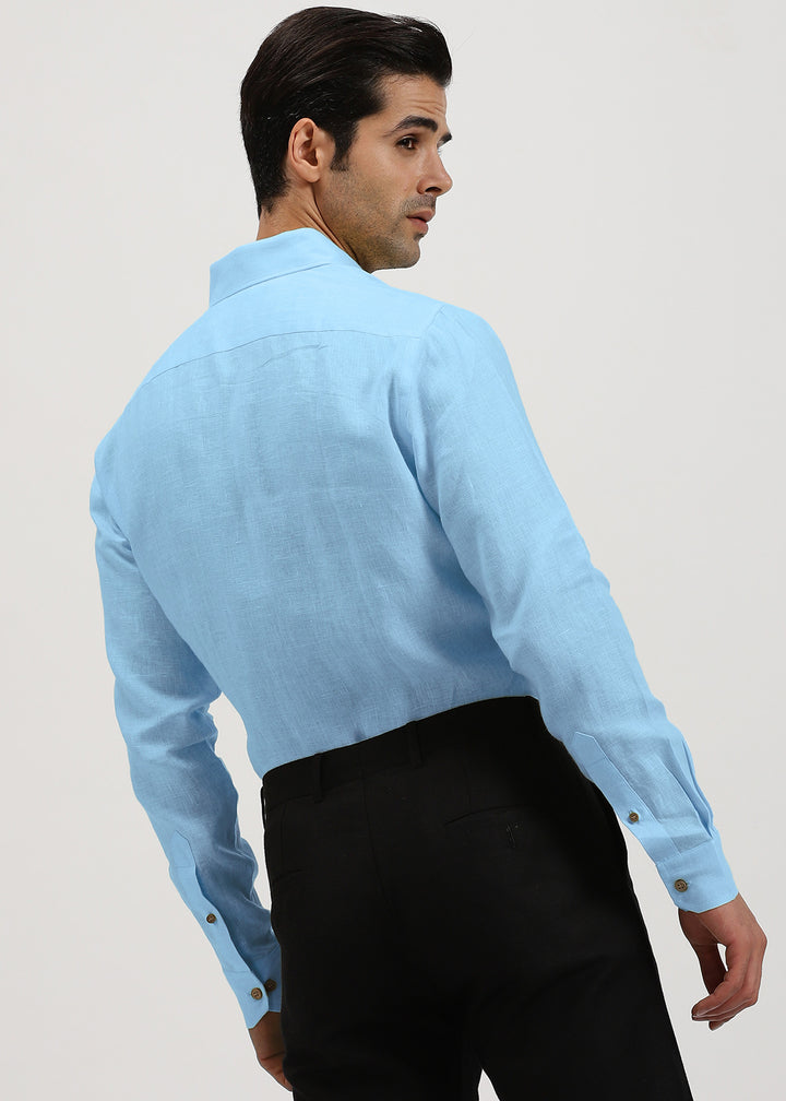 Austin 100% Pure Linen Full Sleeve Shirt in Sky Blue with Button Down Collar crafted in 60 LEA