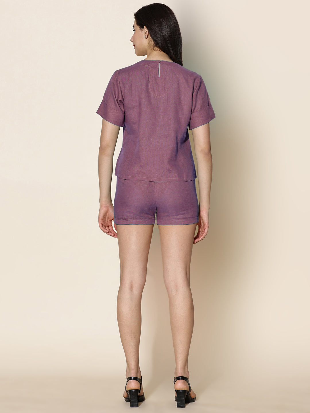 Ava - Pure Linen Short Sleeve With Shorts Co-ord Set - Twilight Purple