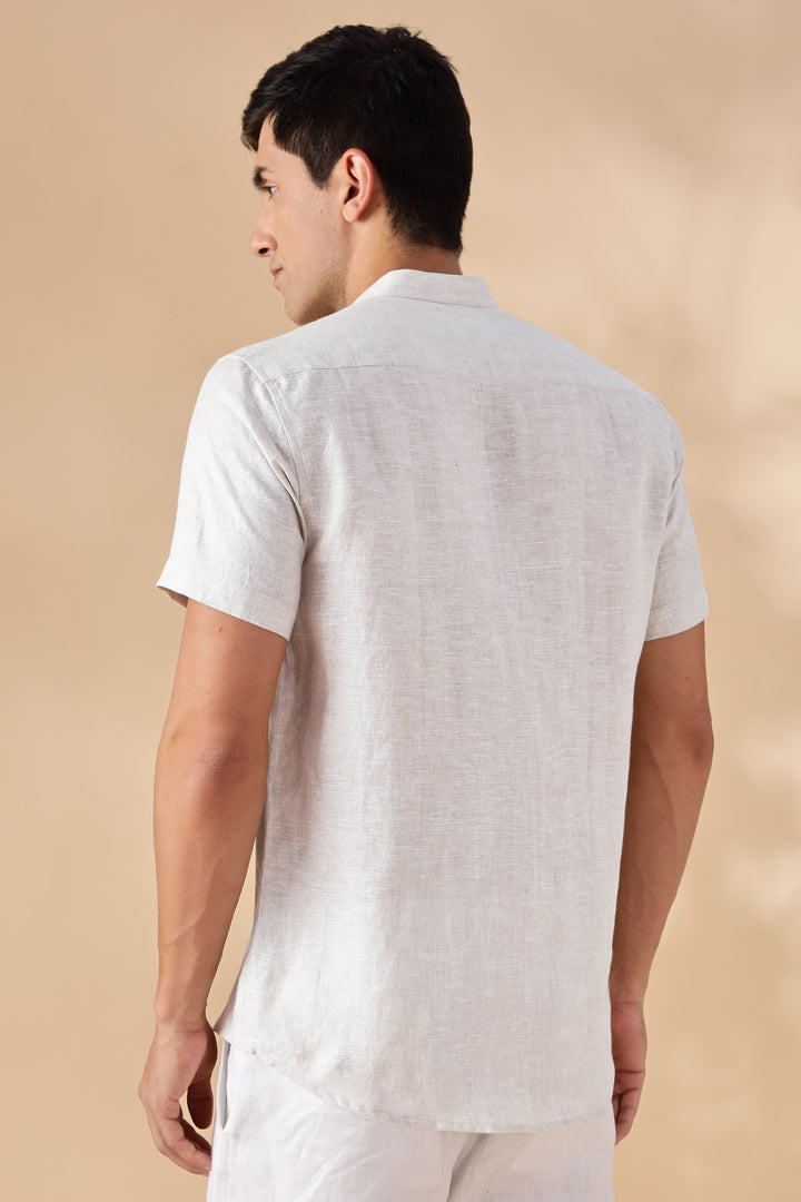 Amari - Pure Linen Short Sleeve Shirt with Floral Embroidery - White