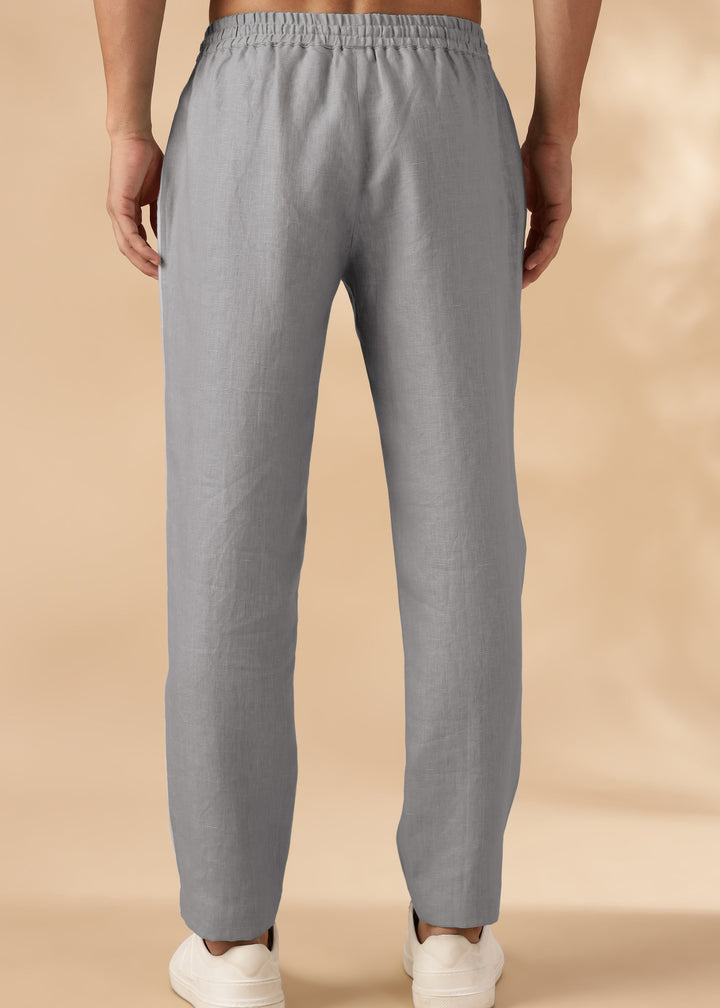 Duo - Pure Linen Panel Elastic Pants with Drawcord - Steel Grey