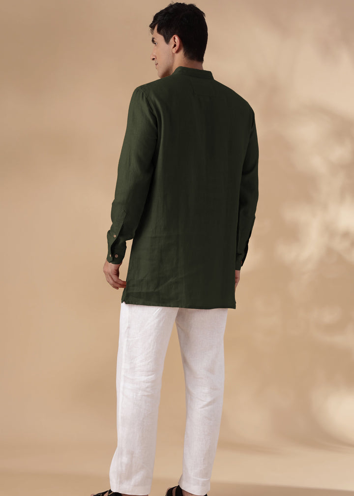 Taran Kurta - Half Placket Pure Linen Kurta - Moss Green