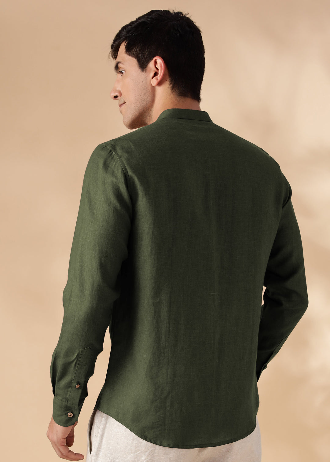 Rustler - Pure Linen Full Sleeve Shirt with Band Collar - Moss Green