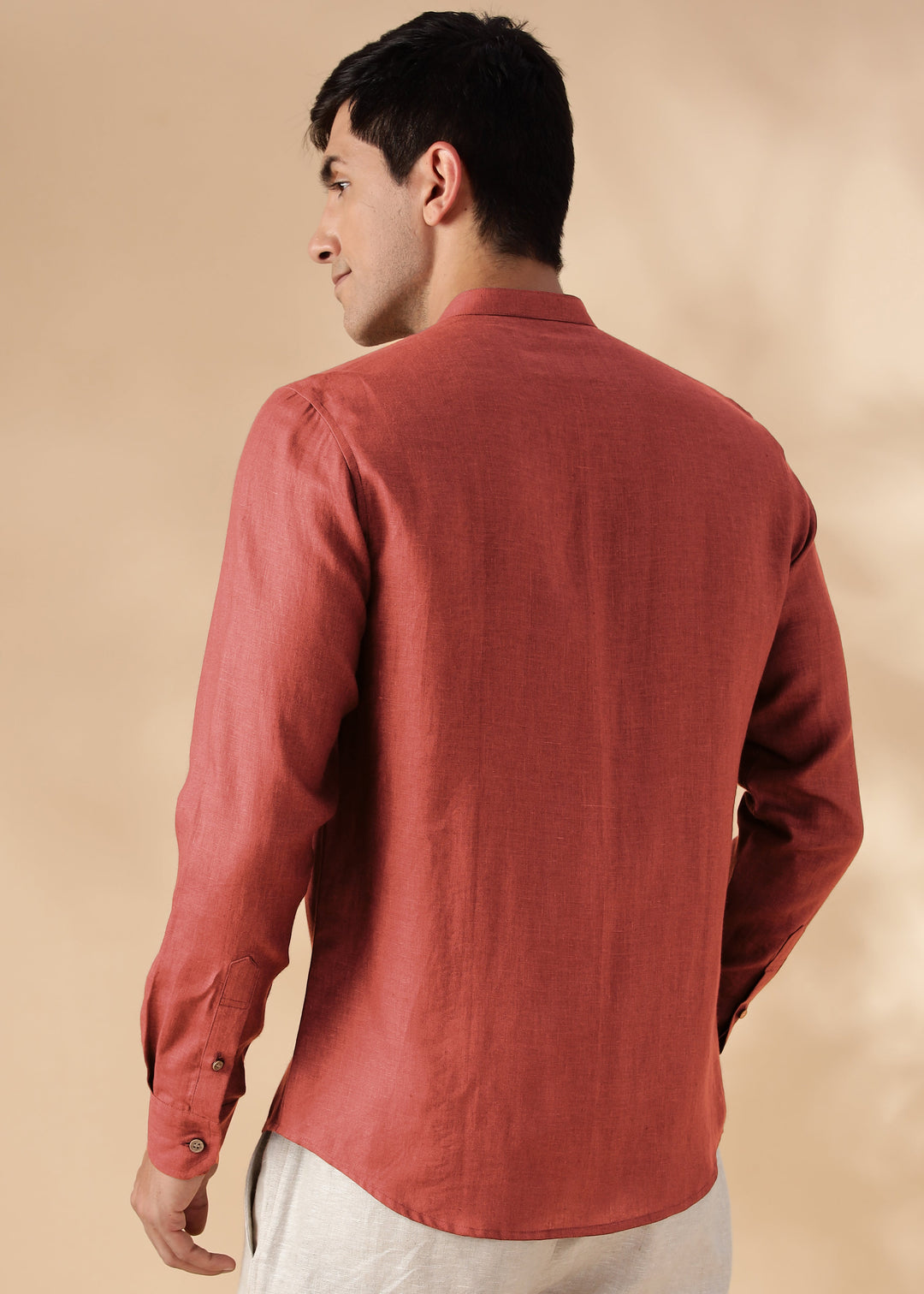 Rustler - Pure Linen Full Sleeve Shirt with Band Collar - Terracotta Red