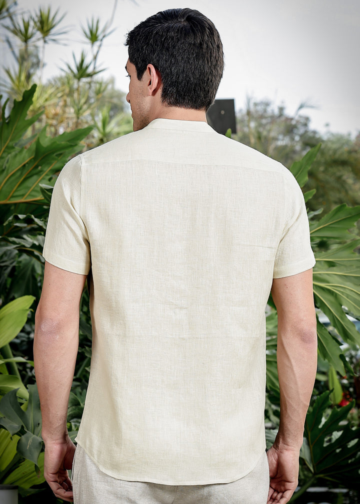 Woods - Pure Linen Color Block Band Collar Half Sleeve Shirt - Oyster Yellow, Sap Green & Moss Green