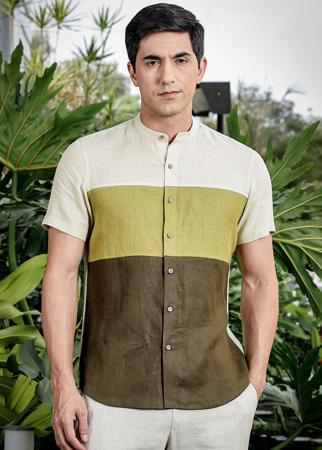 Woods - Pure Linen Color Block Band Collar Half Sleeve Shirt - Oyster Yellow, Sap Green & Moss Green