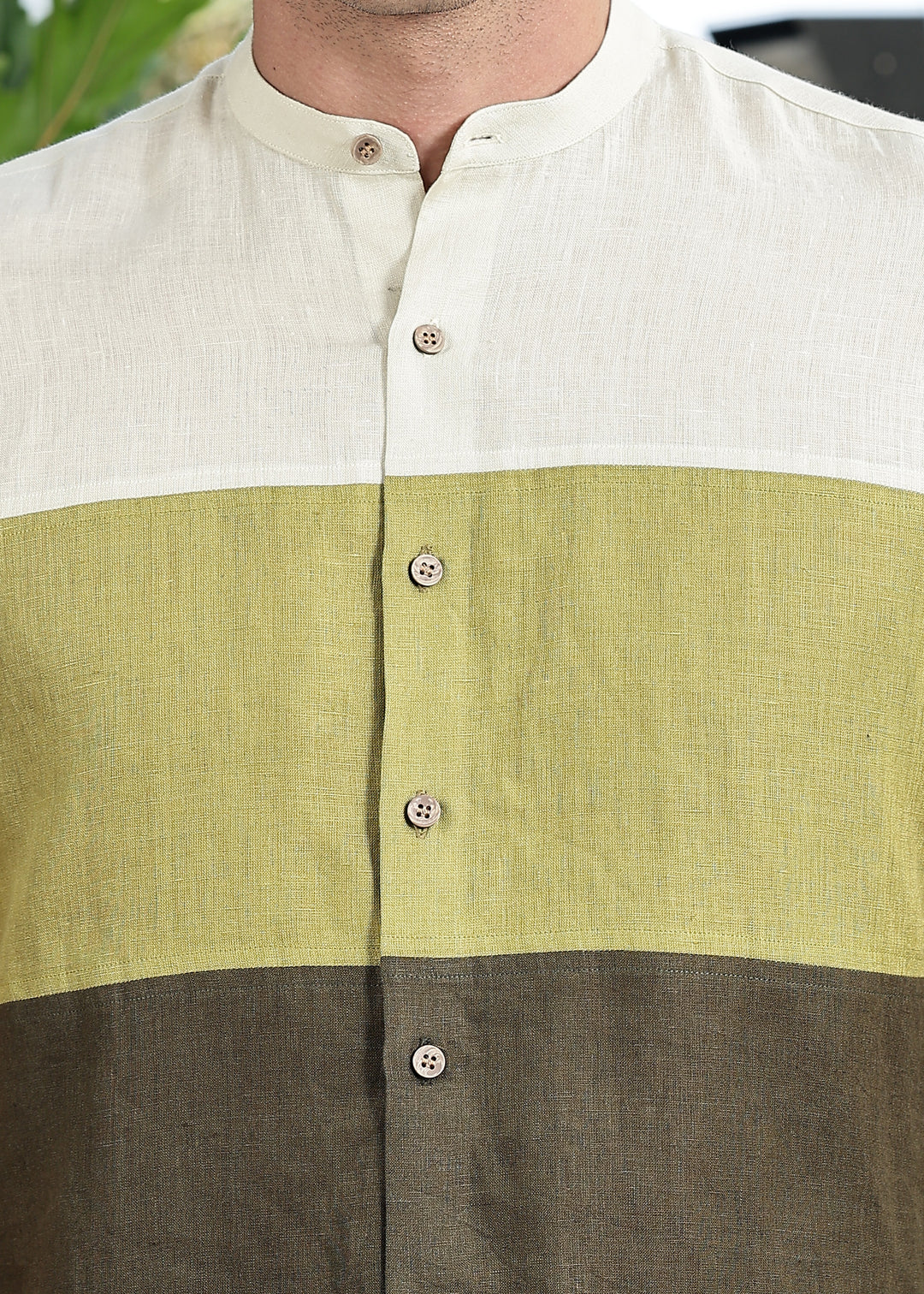 Woods - Pure Linen Color Block Band Collar Half Sleeve Shirt - Oyster Yellow, Sap Green & Moss Green