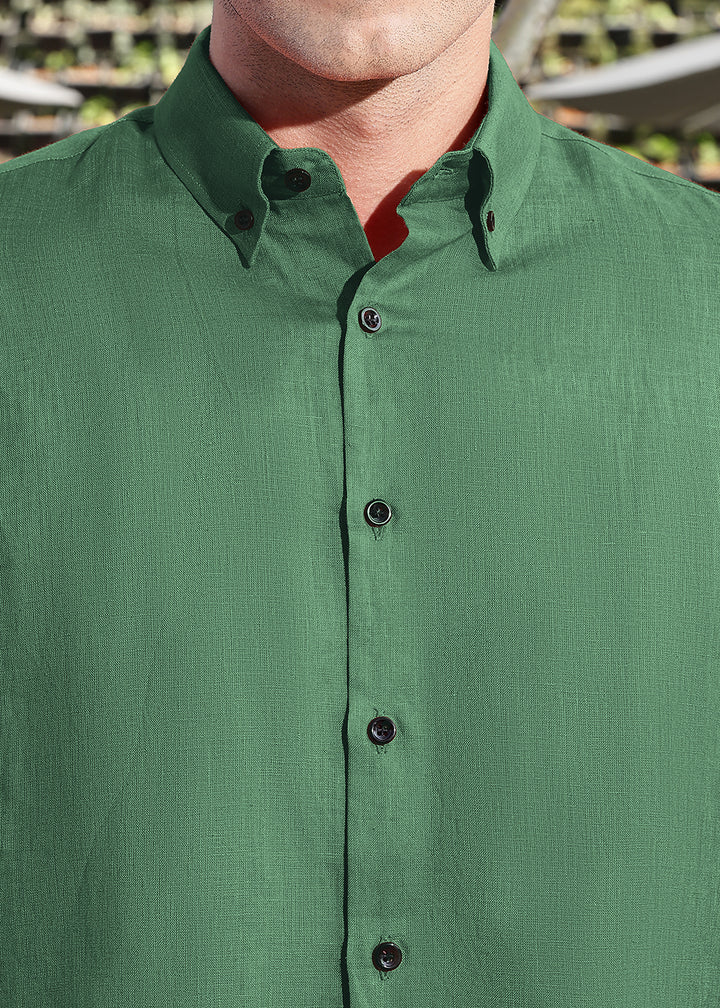 Blaze - Pure Linen Button Down Full Sleeve Shirt - Dark Green