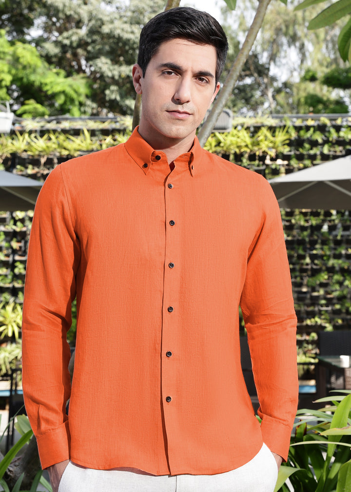 Blaze - Pure Linen Button Down Full Sleeve Shirt - Carrot Orange