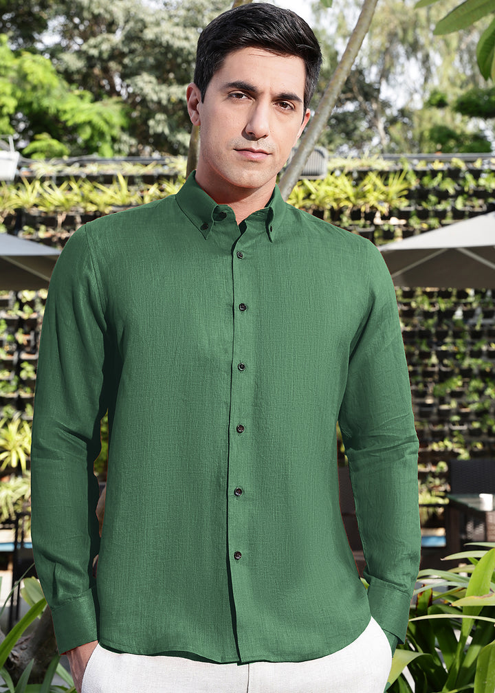 Blaze - Pure Linen Button Down Full Sleeve Shirt - Dark Green