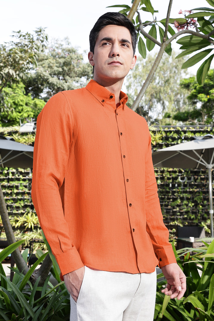 Blaze - Pure Linen Button Down Full Sleeve Shirt - Carrot Orange