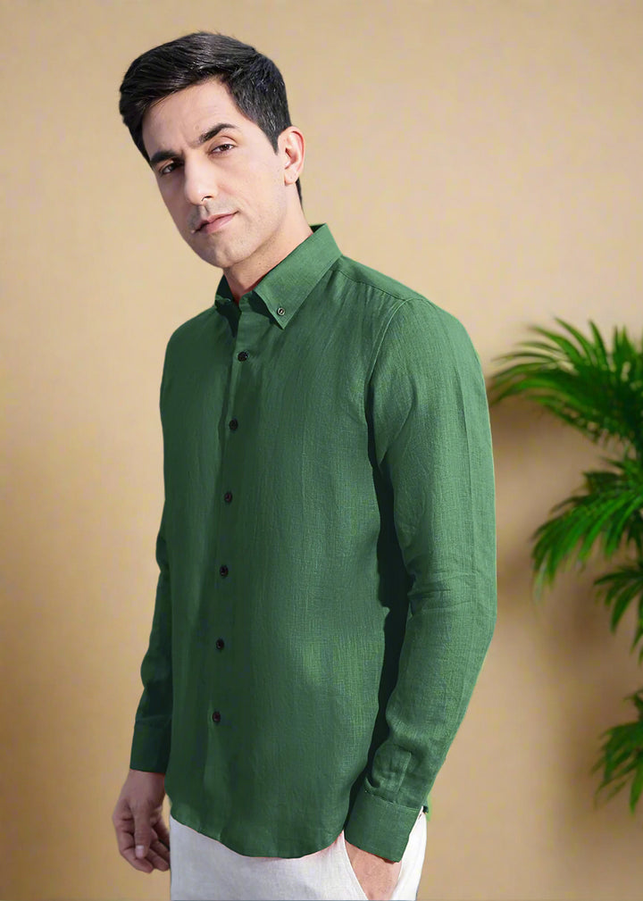 Blaze - Pure Linen Button Down Full Sleeve Shirt - Dark Green