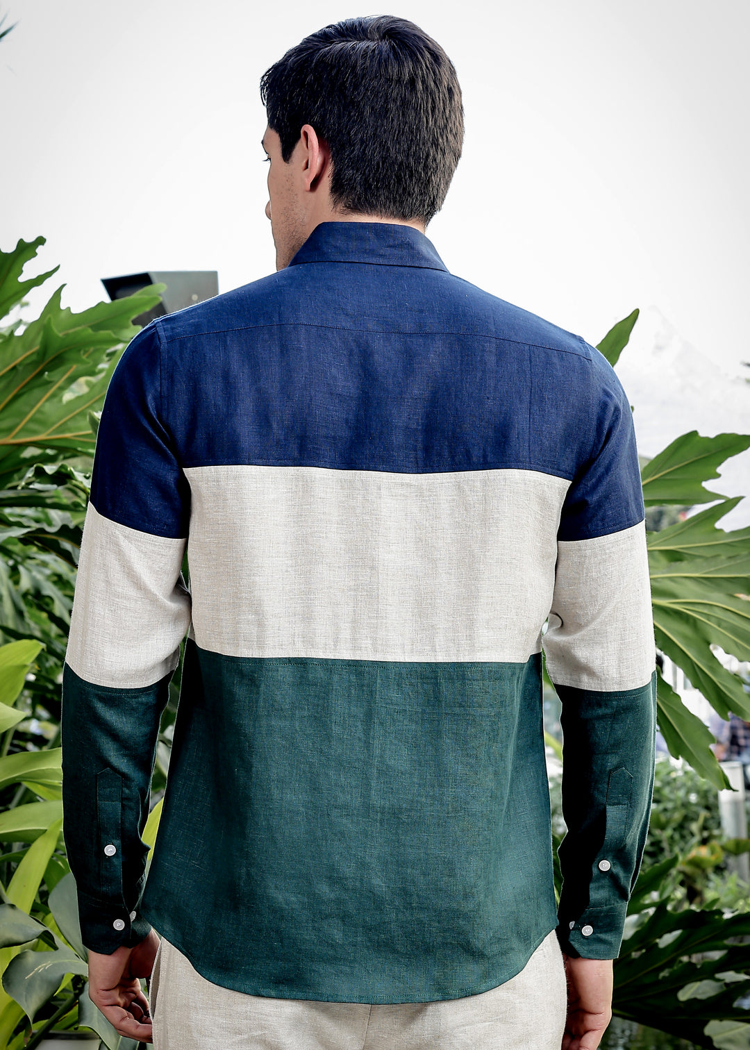 Rodeo - Retro Pure Linen Color Block Full Sleeve Shirt - Navy Blue, Ecru & Dark Pine Green