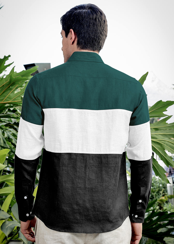 Rodeo - Retro Pure Linen Color Block Full Sleeve Shirt - Dark Pine Green, White & Black