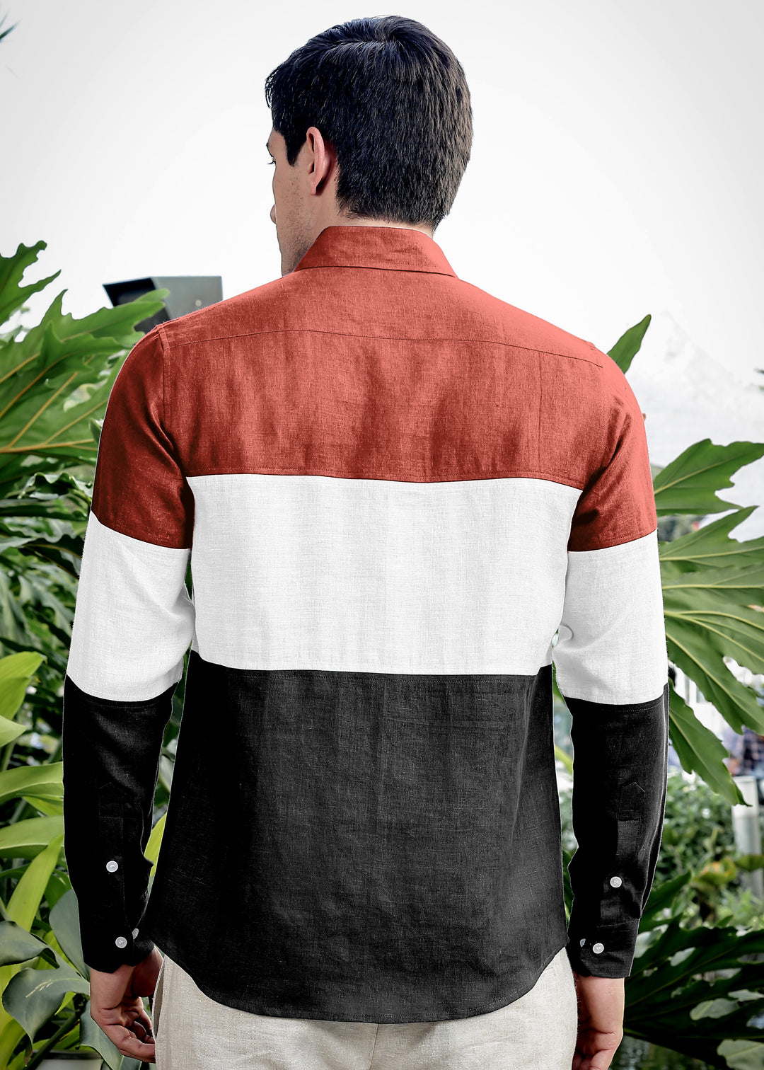 Rodeo - Retro Pure Linen Color Block Full Sleeve Shirt - Terracotta Red, White & Black