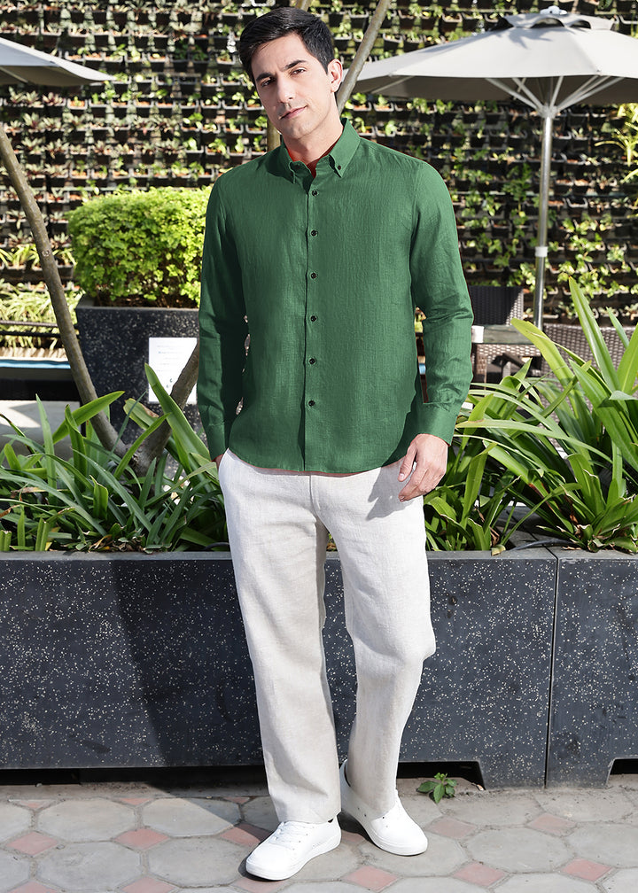 Blaze - Pure Linen Button Down Full Sleeve Shirt - Dark Green