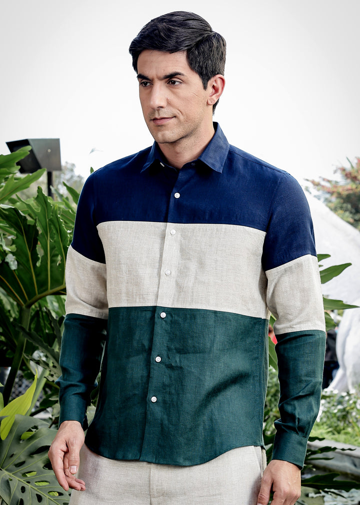 Rodeo - Retro Pure Linen Color Block Full Sleeve Shirt - Navy Blue, Ecru & Dark Pine Green