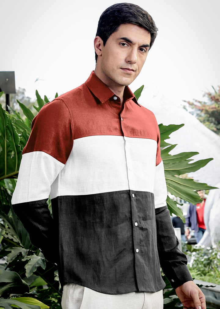 Rodeo - Retro Pure Linen Color Block Full Sleeve Shirt - Terracotta Red, White & Black