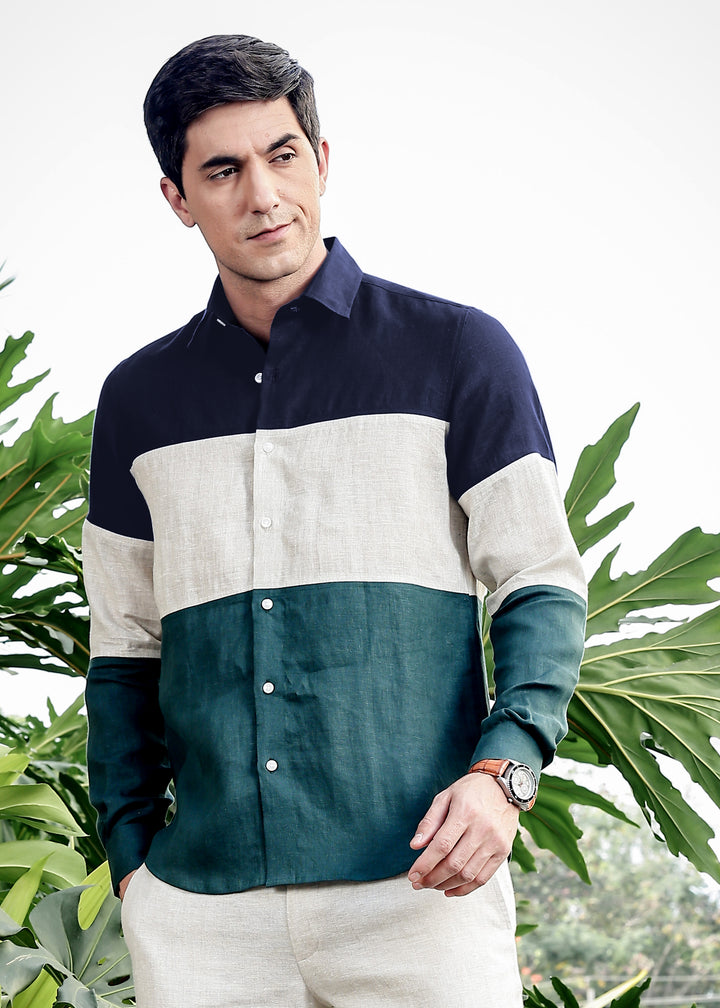 Rodeo - Retro Pure Linen Color Block Full Sleeve Shirt - Navy Blue, Ecru & Dark Pine Green