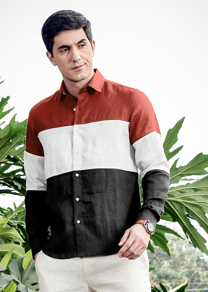 Rodeo - Retro Pure Linen Color Block Full Sleeve Shirt - Terracotta Red, White & Black