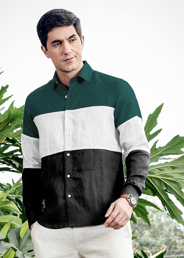 Rodeo - Retro Pure Linen Color Block Full Sleeve Shirt - Dark Pine Green, White & Black