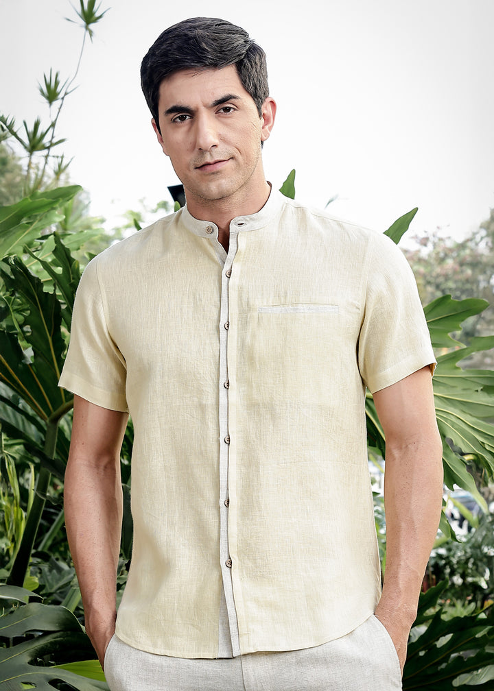 Dylan - Pure Linen Mandarin Collar Stylized Half Sleeve Shirt - Oyster Yellow & Ecru