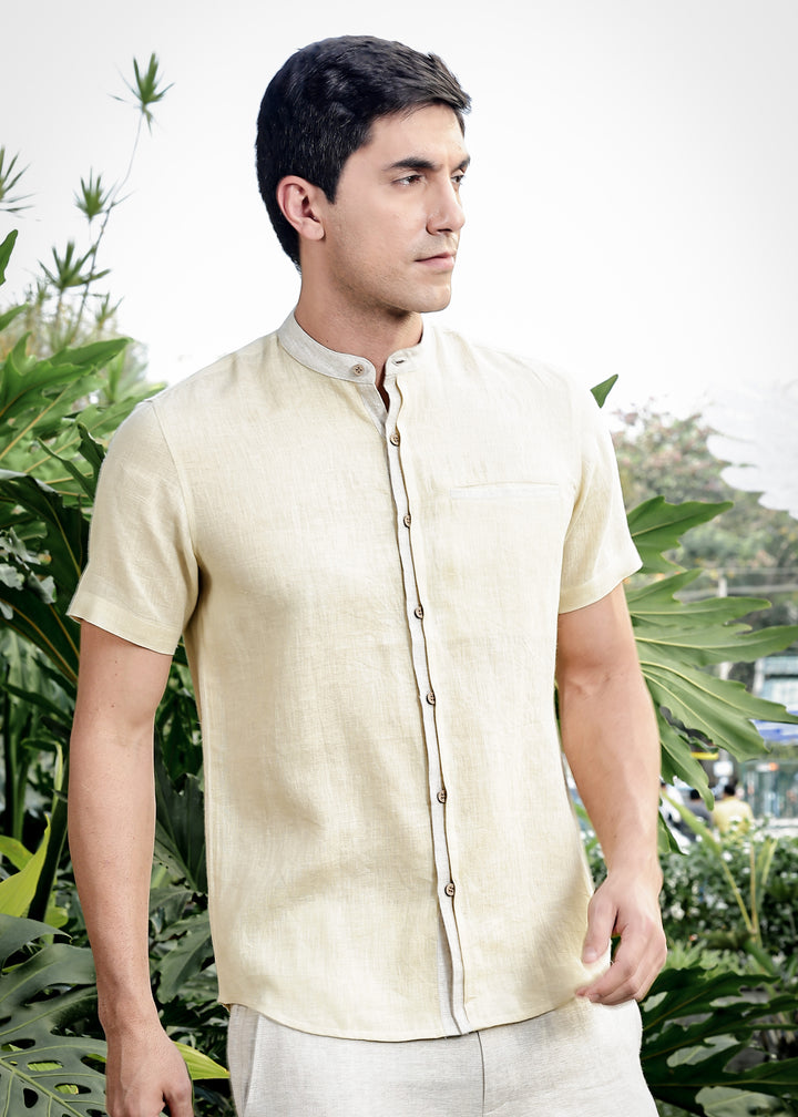 Dylan - Pure Linen Mandarin Collar Stylized Half Sleeve Shirt - Oyster Yellow & Ecru