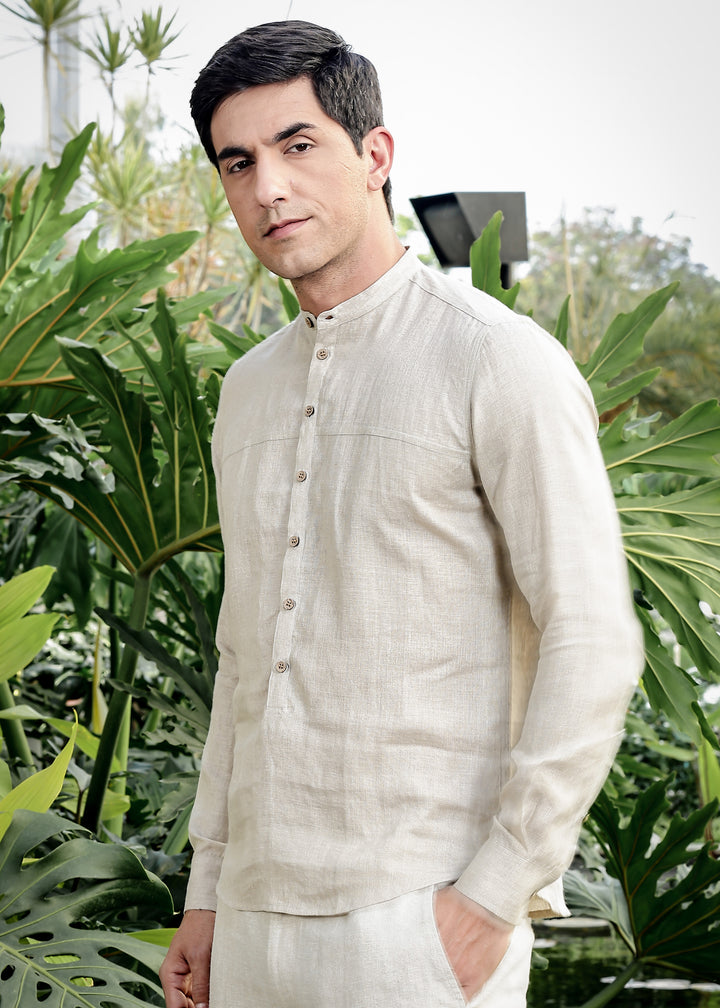 Sarang - Pure Linen Deep Placket Premium Full Sleeve Men's Kurta - Ecru